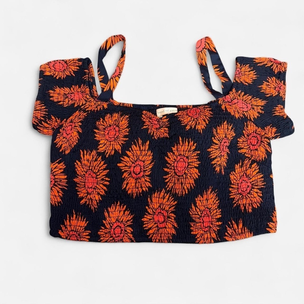 Band of Gypsies Smocked Floral Crop Top Blue Orange Boho W26-22365-ZP1